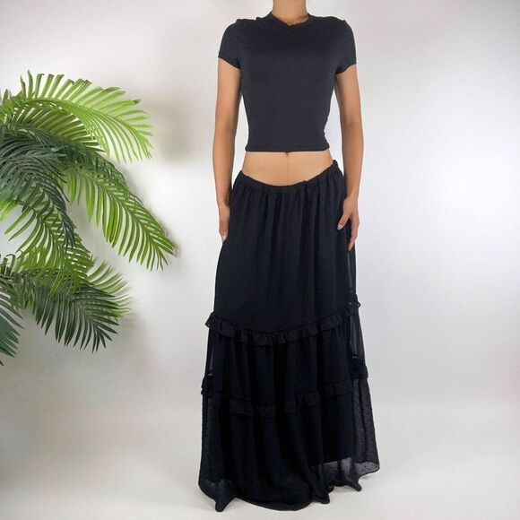 Vintage Black Whimsygoth Fairy Grunge Low Rise Boho Hippie Maxi Skirt / 12 - Picture 1 of 5